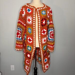 Crocheted Granny Square Sweater Cardigan Open Front S/M Boho Cottagecore‎ Hippie